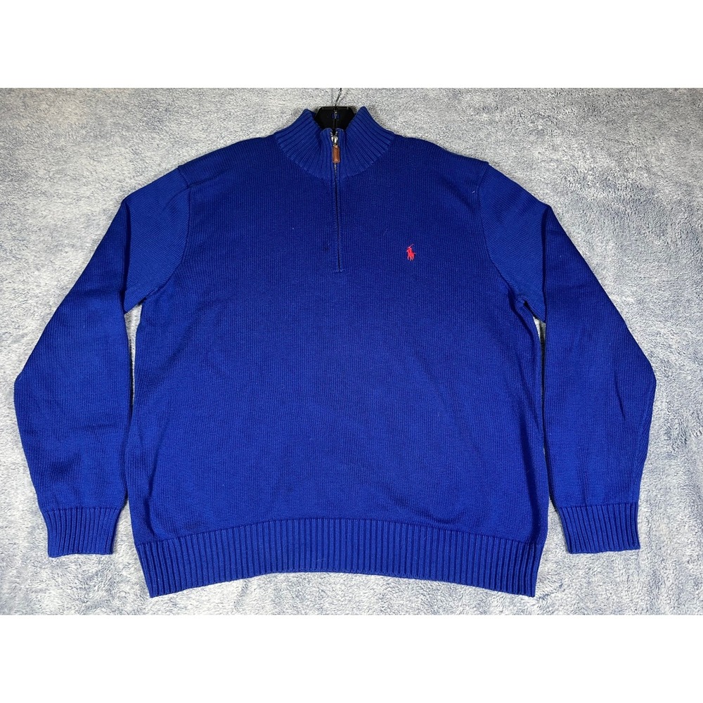 Polo Ralph Lauren Mens‎ XL Royal Blue 1/4 Zip Cotton Knit Sweater Red Pony Logo